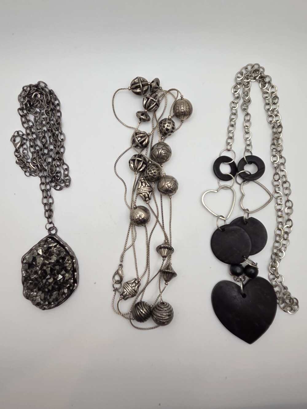 Lot 3 Statement Necklaces Faux Druzy Etched Metal Beads Black Wood Heart Pendant